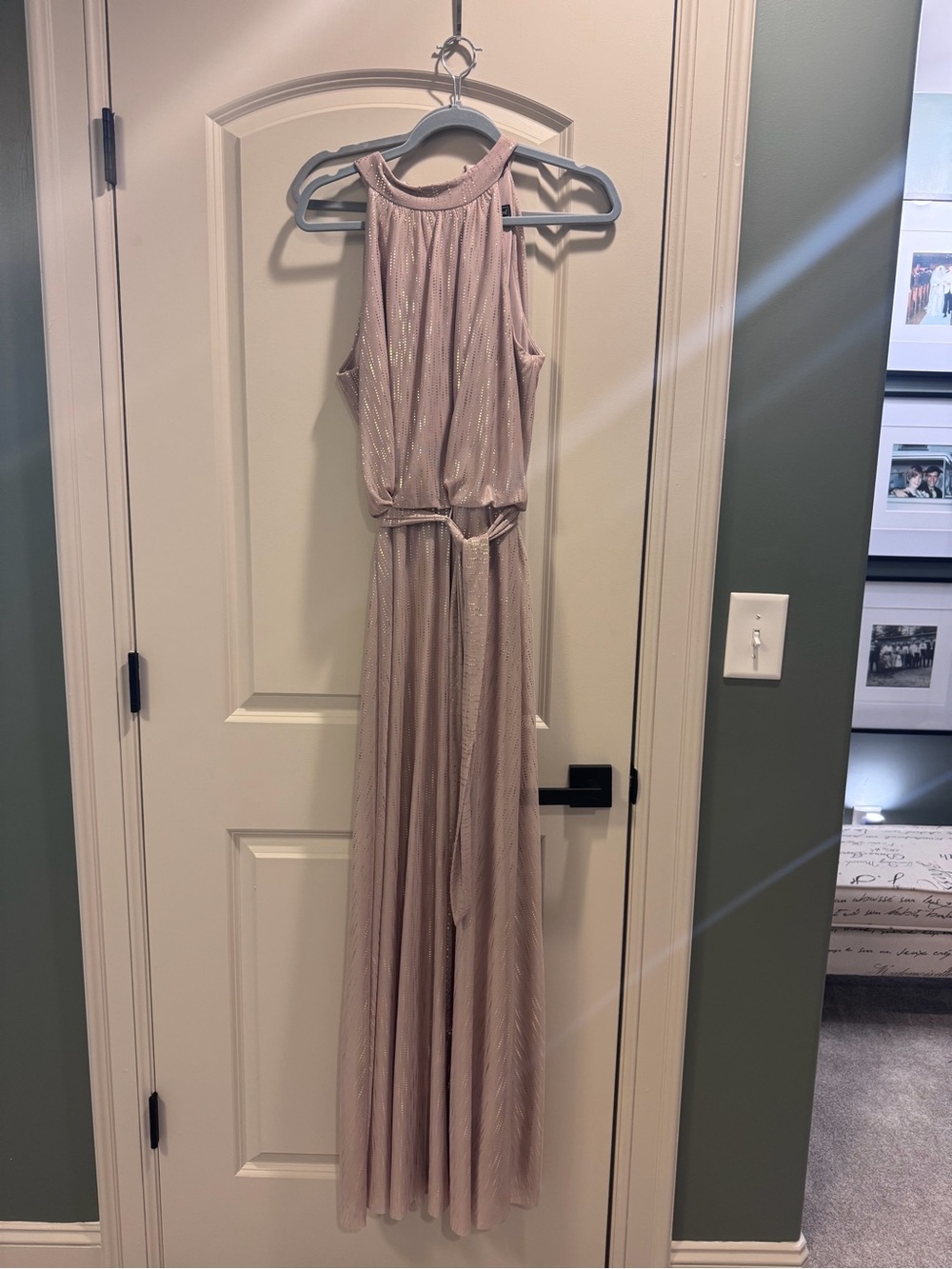 Jessica Howard Blush Pink Halter Gown with Gold Foil Detail
